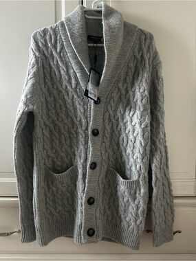 Alpaca Yarn Italian Ribbed Cable Knit Cardigan Grey Mens Medium New